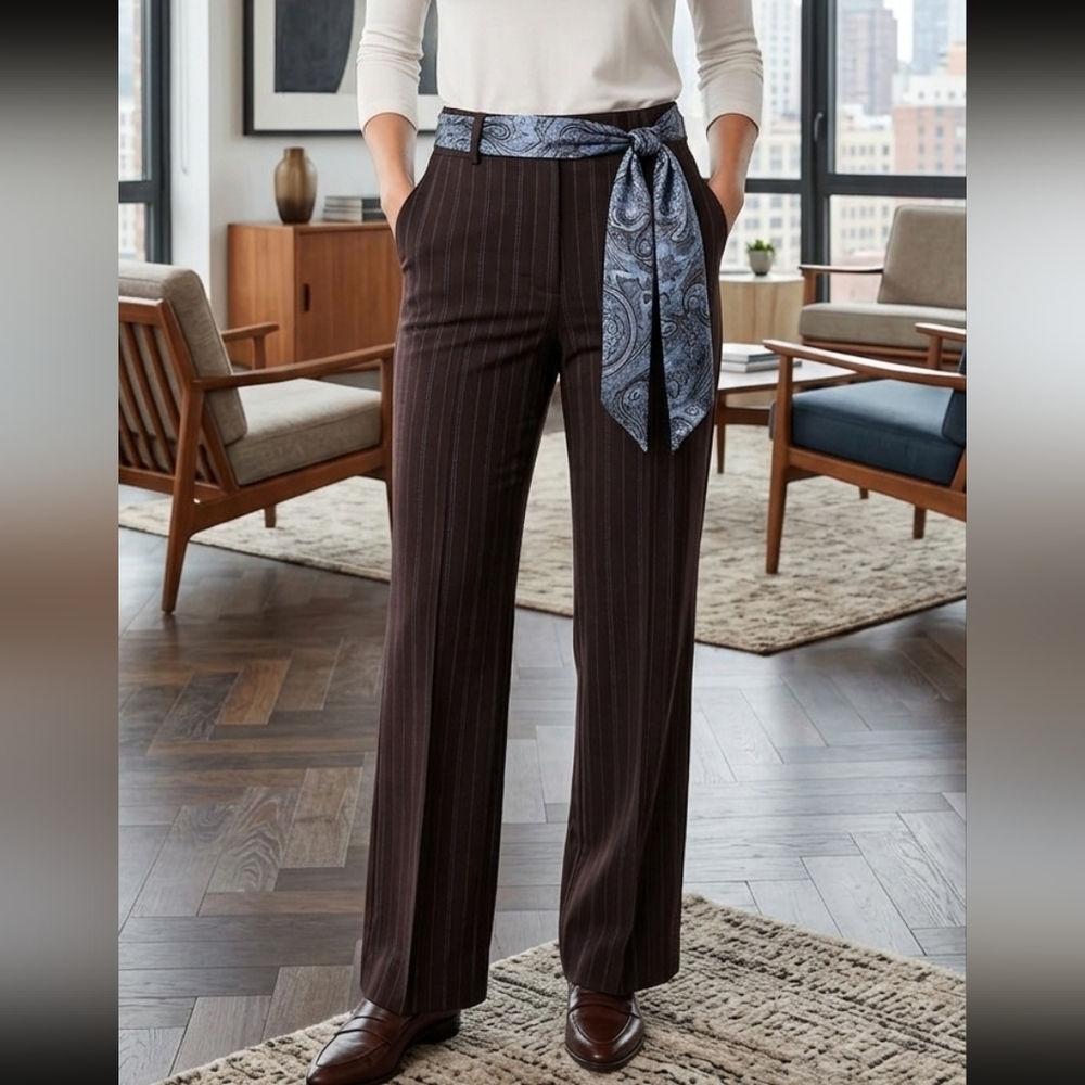Larry Levine Brown Pinstripe Wide-Leg Pants with Blue Stitching Size 10
